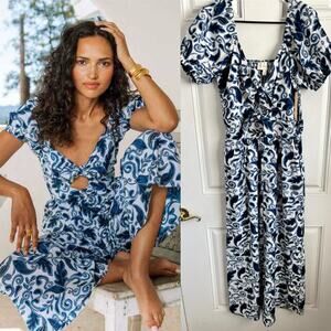 NWT Cleobella Reza Blue Paisley Organic Cotton Wide Leg Jumpsuit Size Med